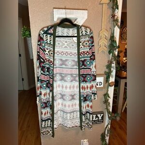 Sunshine & Rodeos Tribal Aztec Open Front Long Duster Cardigan Women’s Medium